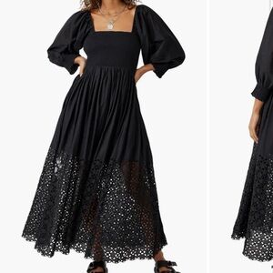 NWOT Free People Perfect Storm Black Maxi Dress with Smocked Bodice and Eyelet